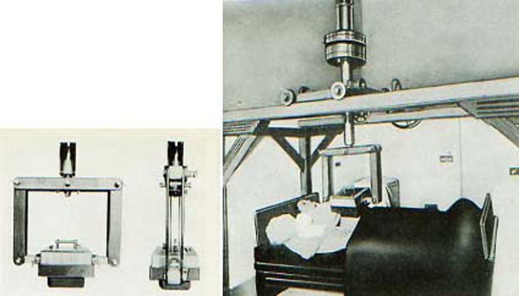 (left) The Paris "radium bomb" with 4 g Ra source. (right) The machine was ceiling mounted and was used at 10 cm SSD